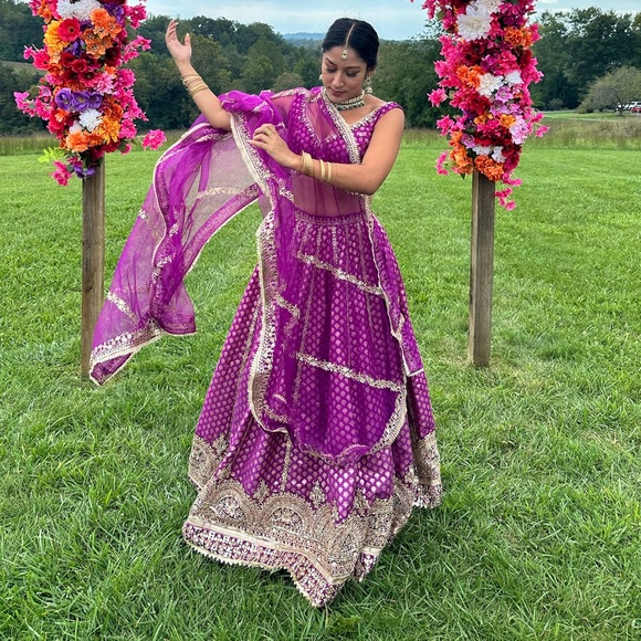 Purple Embroidered Brocade Lehenga - Picture 6 of 7